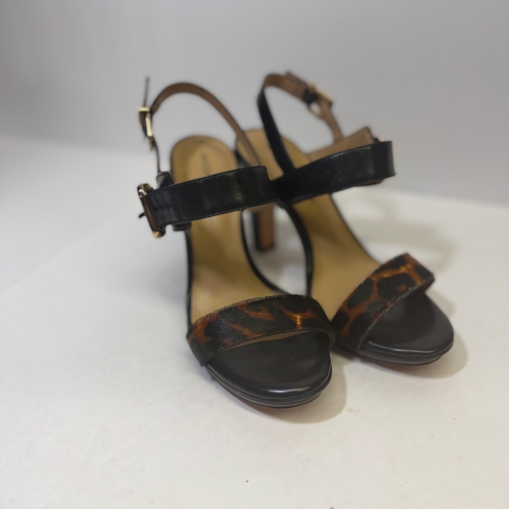 Antonio Melani Micaa Black Leather Leopard Calf Hair Block Heel Sandals 7M